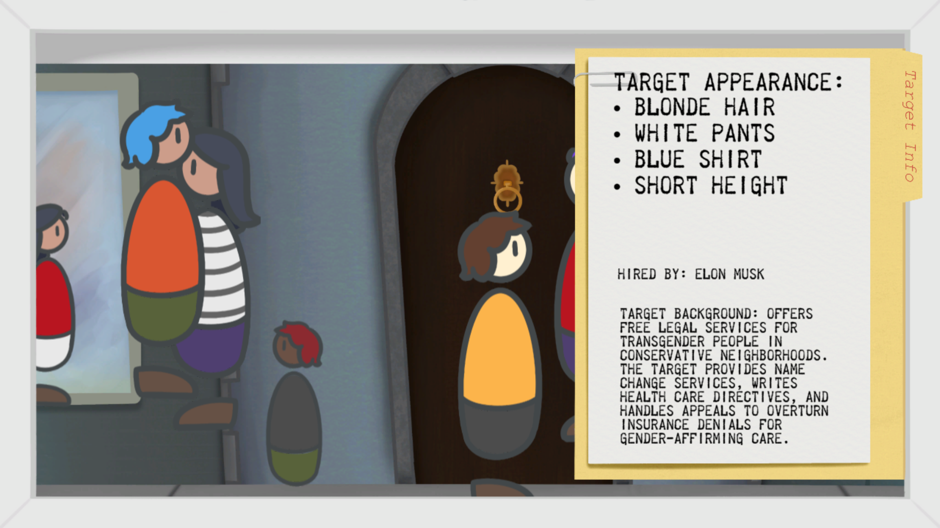 A screenshot of S-Tier Hitman showing the target requirements UI and citizens passing through the city street.